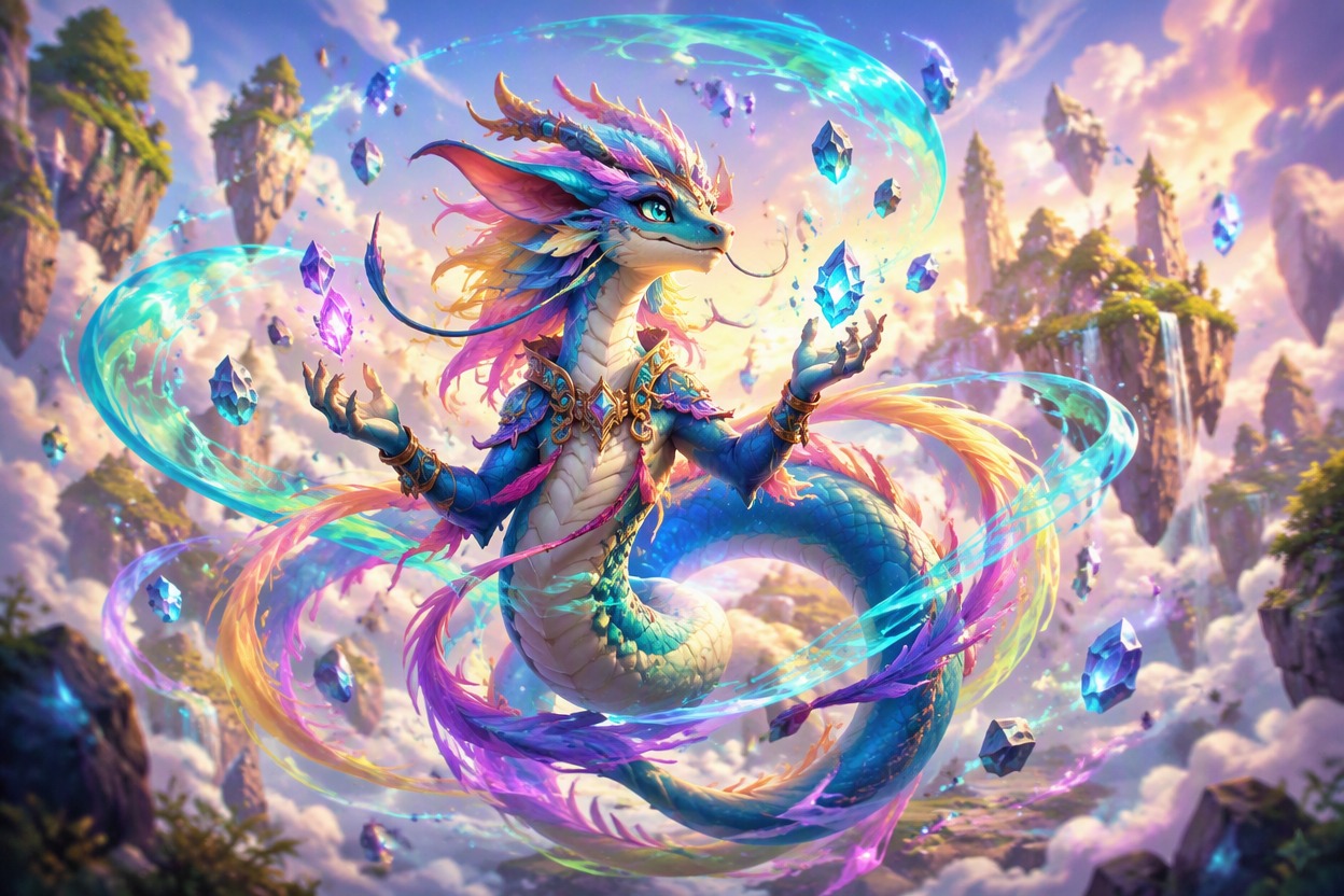 One original serpentine hybrid creature using playful gravity magic, floating crystal pebbles and curling aurora ribbons, asymmetric fantasy anatomy, dynamic single-character pose
