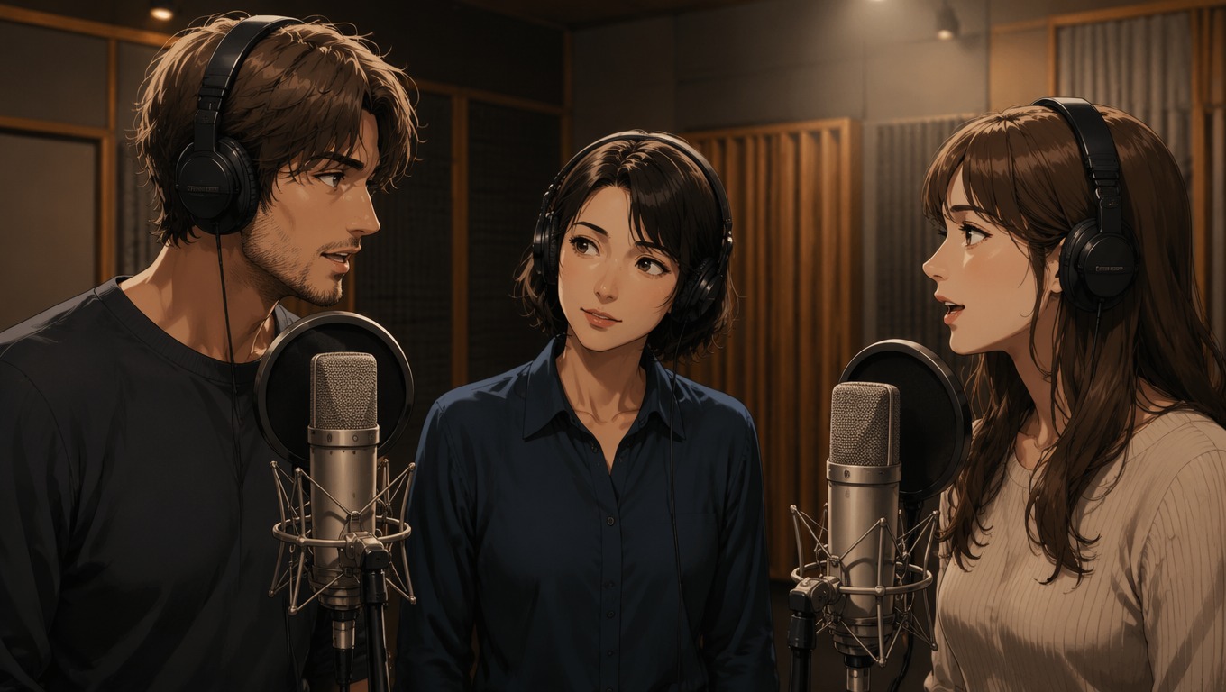 Anime dialogue localization session with voice performers