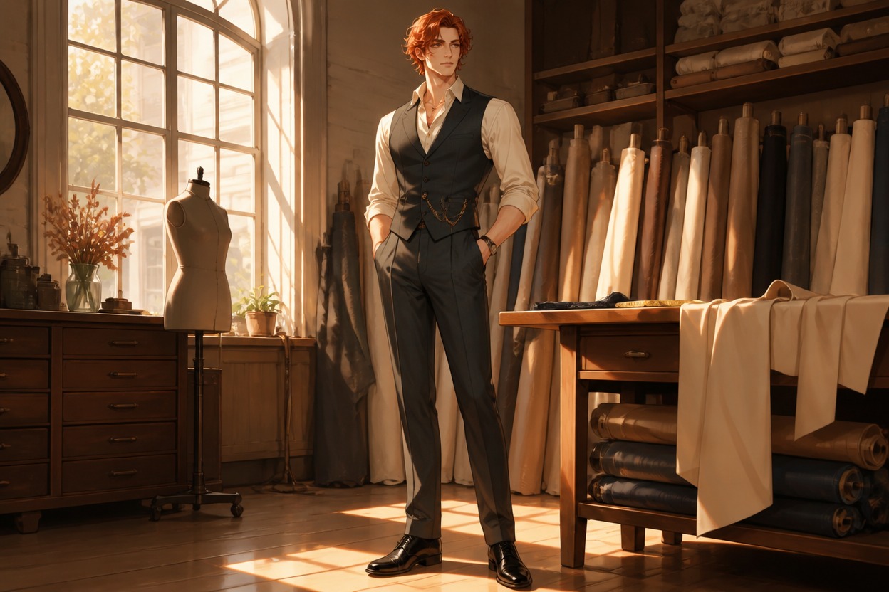 Original adult character with a sculpted silhouette, copper hair, and a calm expression in a sunlit studio