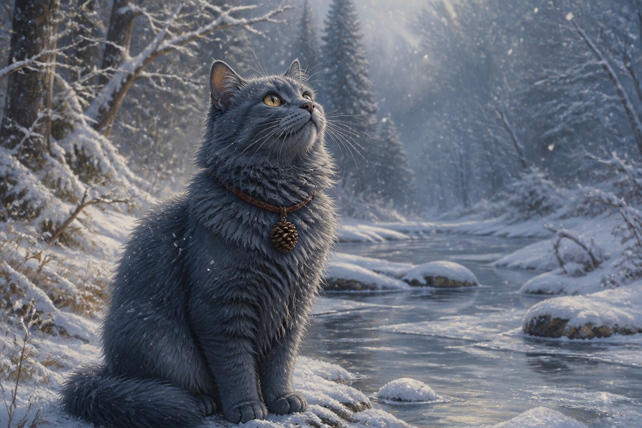 An adult fluffy blue-gray cat beside a frozen creek under quiet snowfall