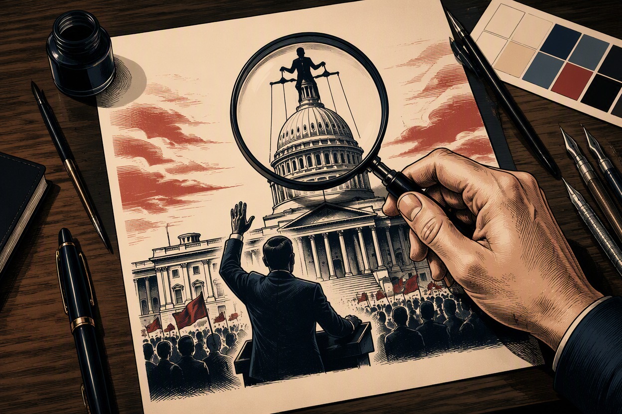 original editorial political cartoon showing a giant maze shaped like a government building with small generic citizens seeking exits, bold expressive ink lines