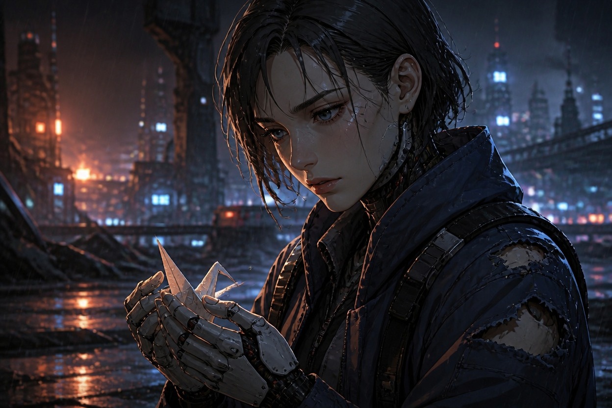 Full-body original android OC prepared as narrative character concept art