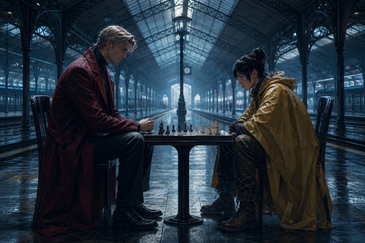 Two original adult rivals playing chess in an empty midnight station