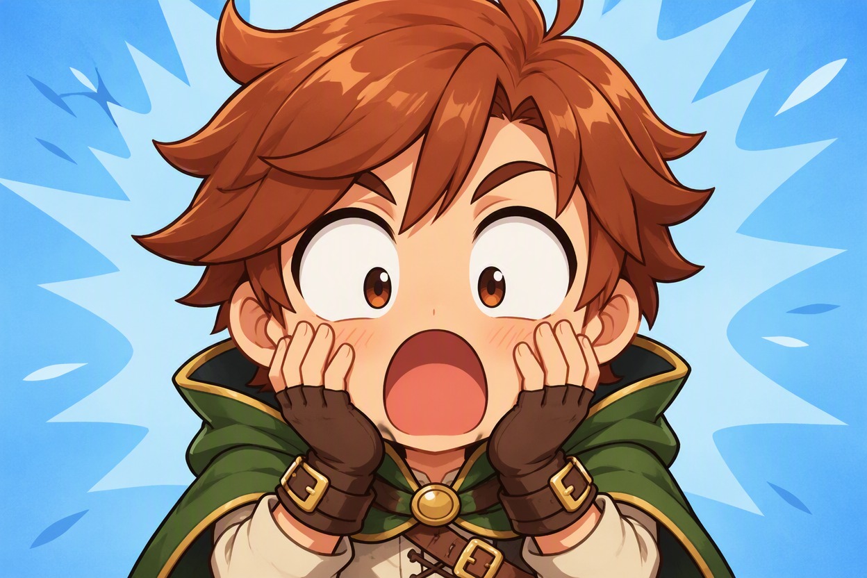 One original chibi adventurer with auburn hair and green cape showing comic shock, huge round eyes, tiny open mouth and both hands near cheeks, tight centered bust-up composition,