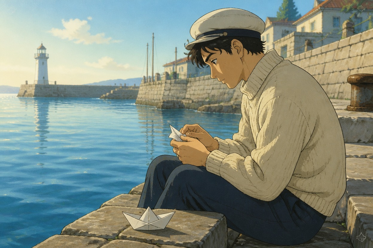 Marinheiro de anime em um suéter creme dobrando papel ao lado de um barquinho de papel no porto