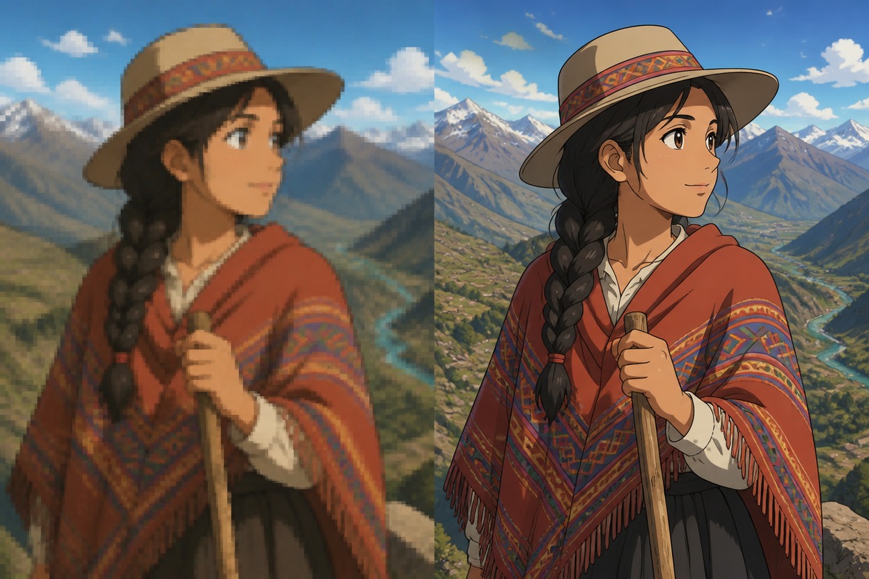 Comparación ilustrativa de anime de un viajero de montaña con trenzas y un poncho estampado que sostiene un bastón, con un paisaje suave de baja definición a la izquierda y detalles nítidos a la derecha