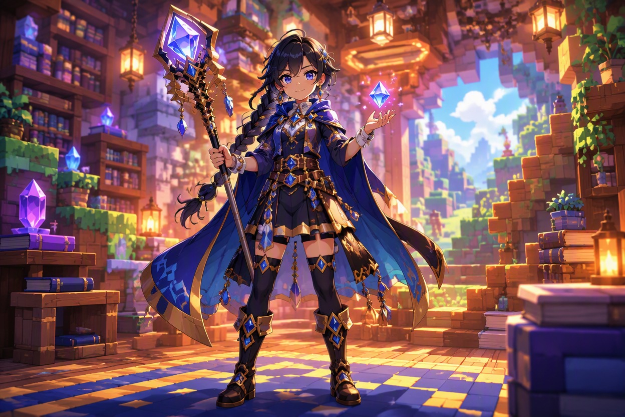 Original crystal mage OC in a lantern-lit fantasy library