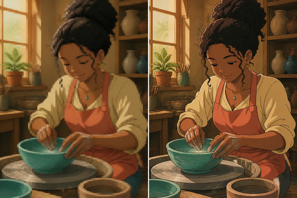Comparación ilustrativa de anime de una ceramista moldeando un cuenco turquesa en un taller soleado, con colores apagados a la izquierda y un sombreado plano nítido a la derecha