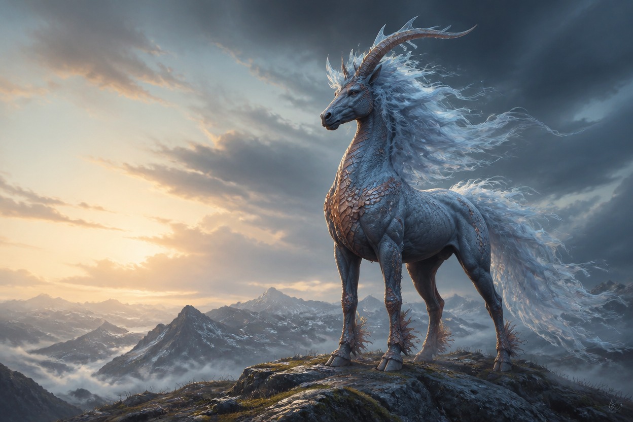 Exactly one original adult fantasy kirin-equine standing on a storm-cleared highland ridge, tall rangy horse-deer anatomy, long charcoal muzzle, slate-blue coat, brushed copper sca