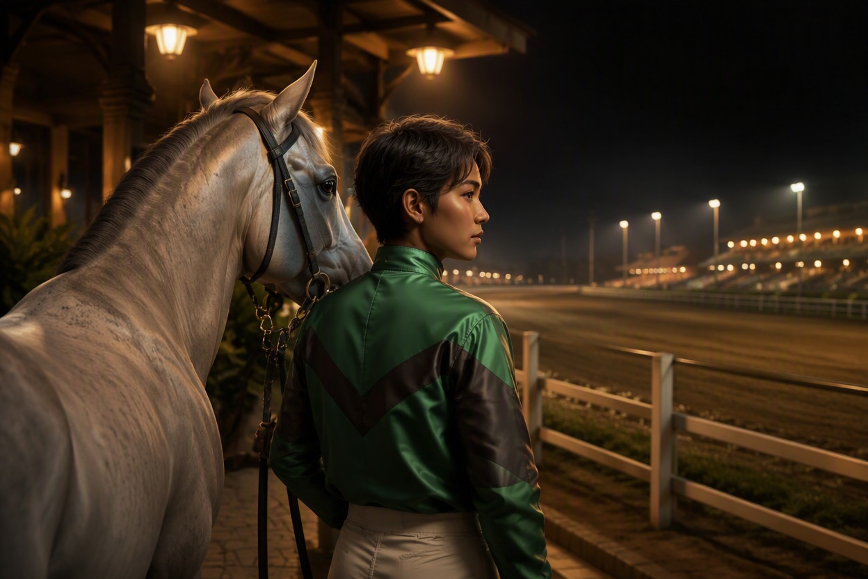 One original Southeast Asian nonbinary jockey in emerald and charcoal racing silks beside one pale gray racehorse under warm night paddock lights, studying the track together with