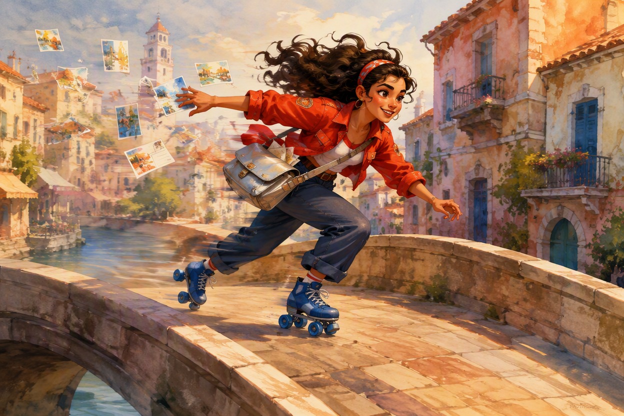 Original cartoon musician conducting floating paper birds in a warm rooftop theater, layered foreground curtains and distant skyline creating cinematic camera depth