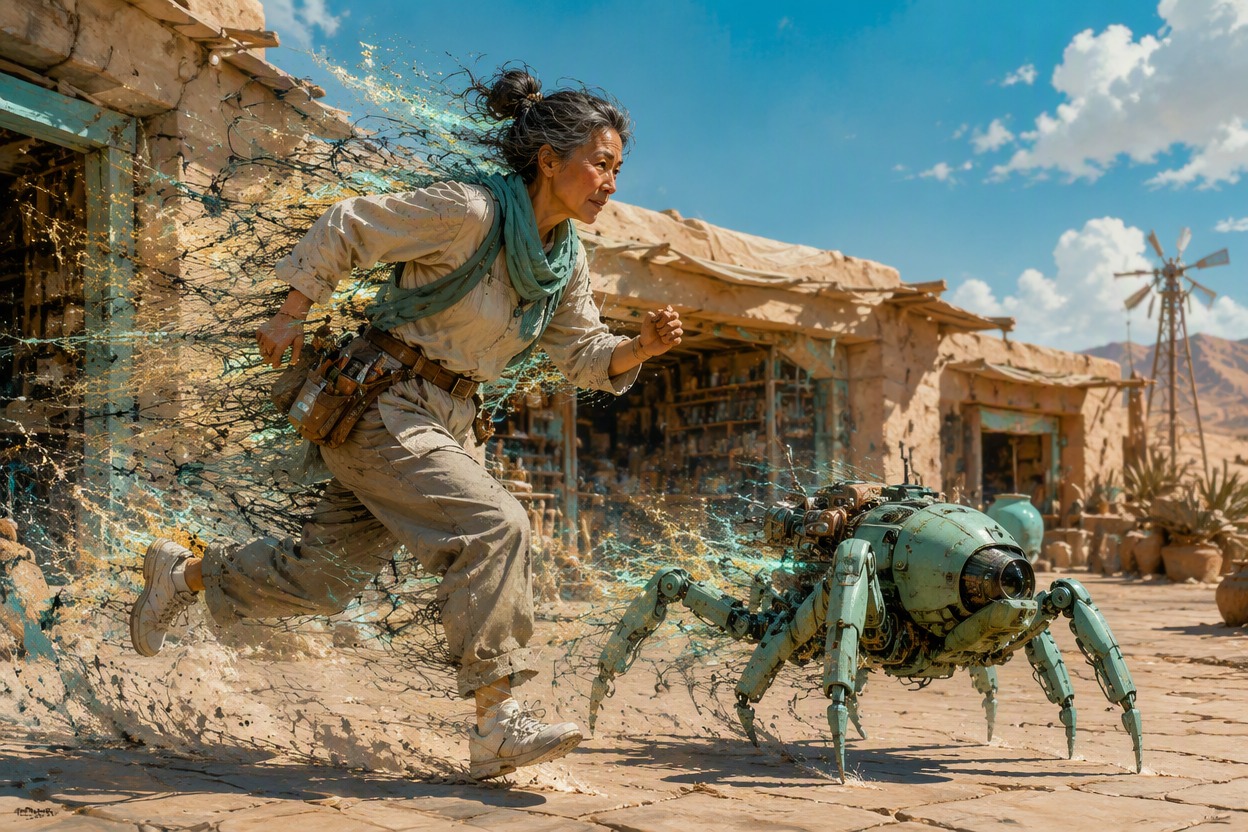 Original older East Asian woman inventor and mint-green spider utility robot running through a sunlit desert workshop with ink-like motion trails